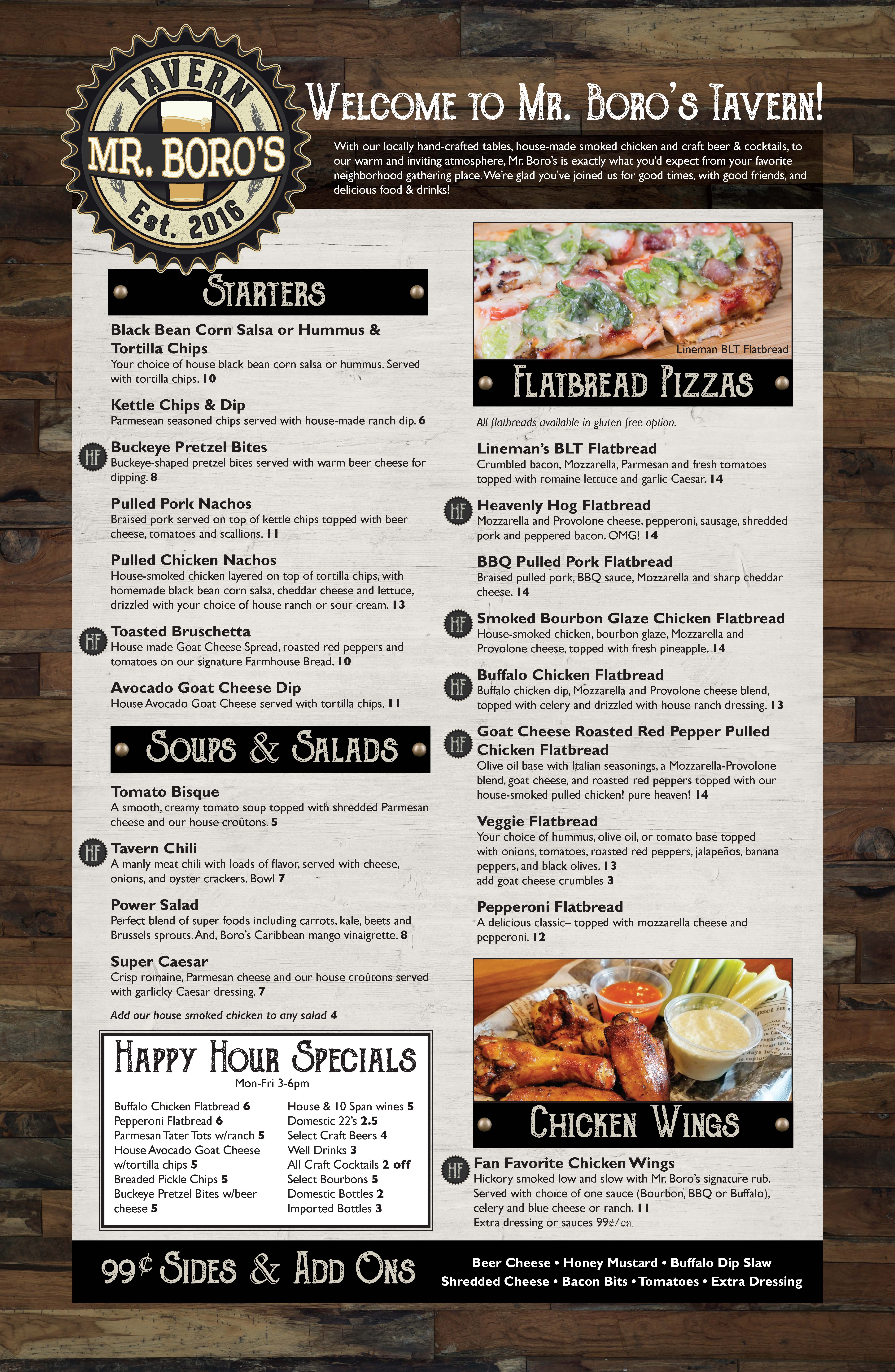 Menu Mr. Boro's Tavern Springboro, Ohio